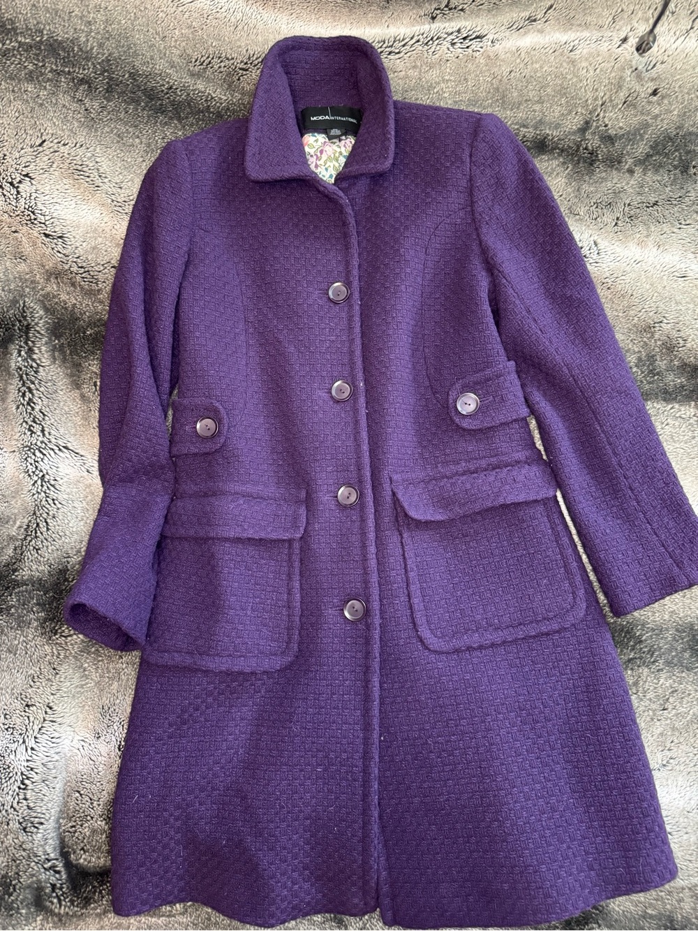 Moda International Purple Wool-Blend Button Front Pea Coat